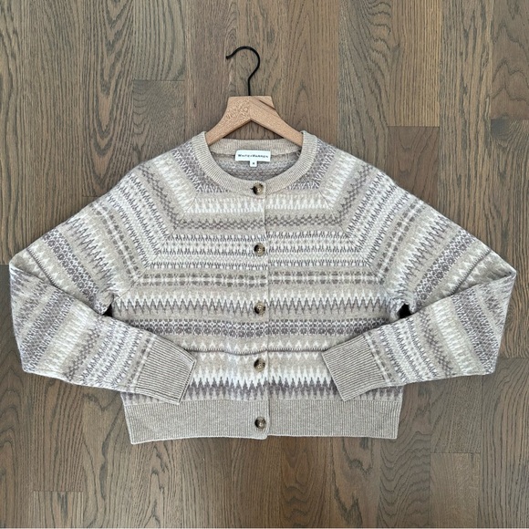 EUC White + Warren Warm Neutral Cashmere Fair Isle Cardigan Sweater Tan Cream M - Picture 2 of 8